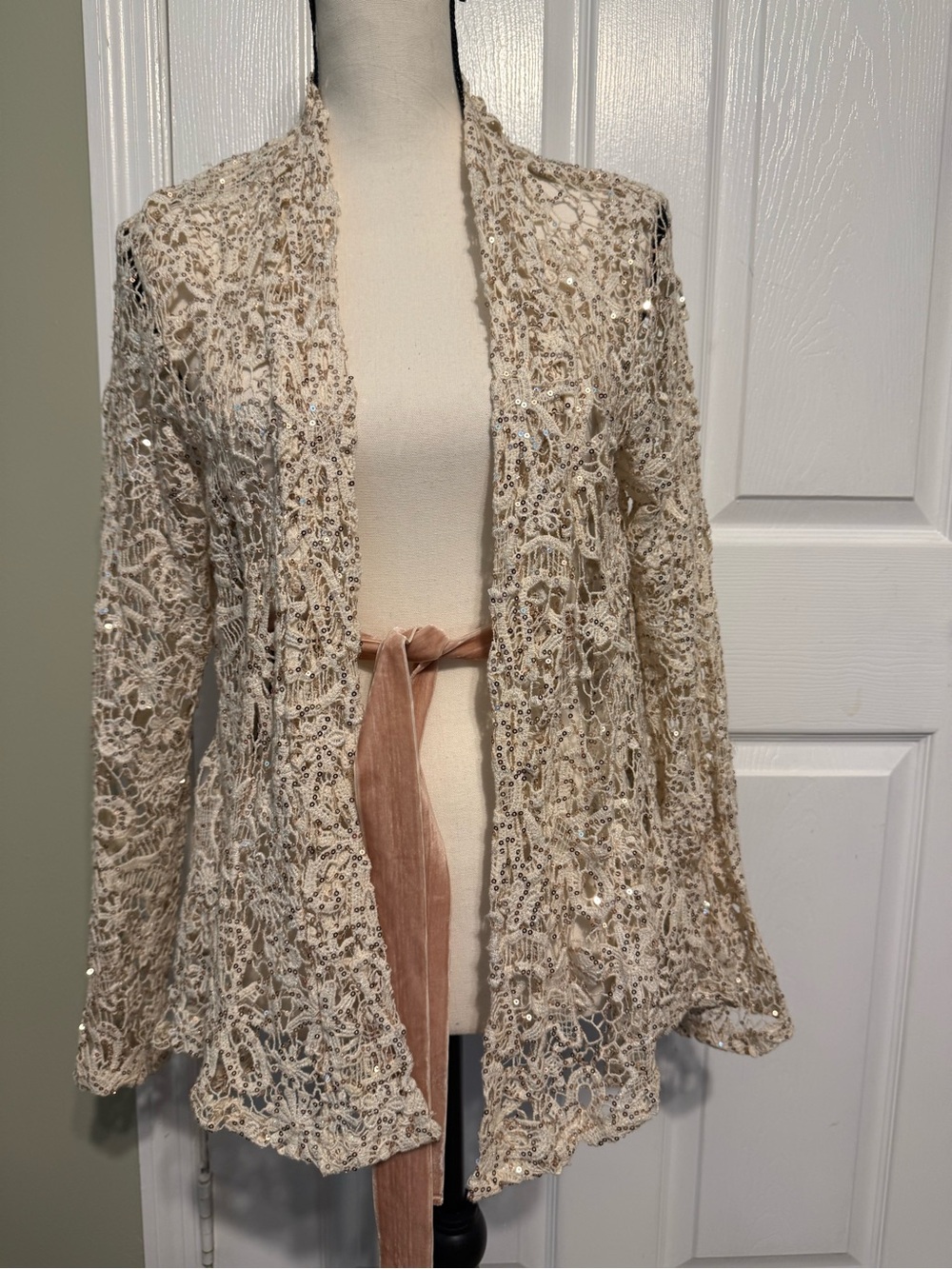 Boston Proper Cream Lace Sequin Open Cardigan
